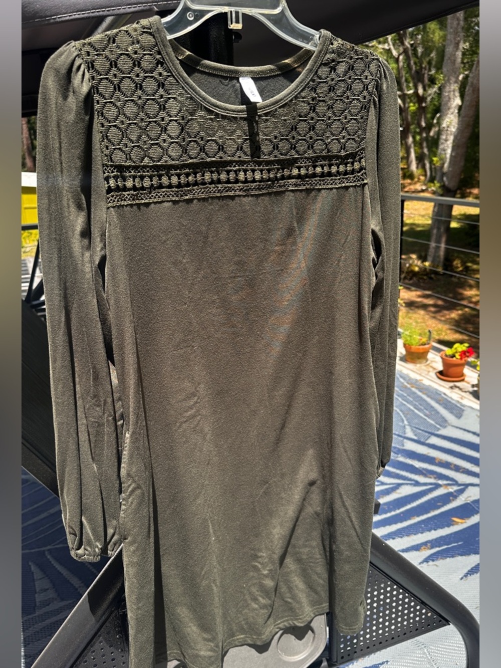 Olive Green Lace Yoke Long Sleeve Tunic with pockets